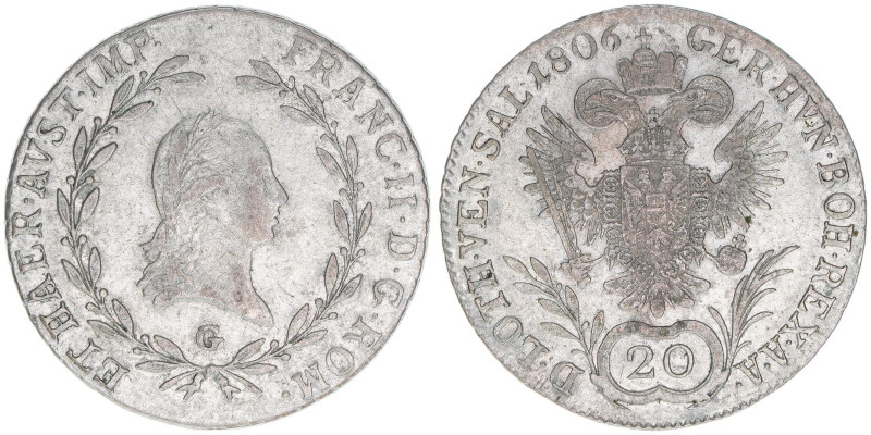 Franz II. (I.) 1792-1835
20 Kreuzer, 1806 G. Nagybanya
6,60g
ANK 41
ss