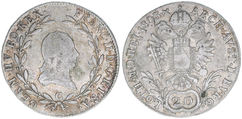 Franz (II.) I.1792-1835
20 Kreuzer, 1803 C. Prag
6,68g
ANK 40
ss