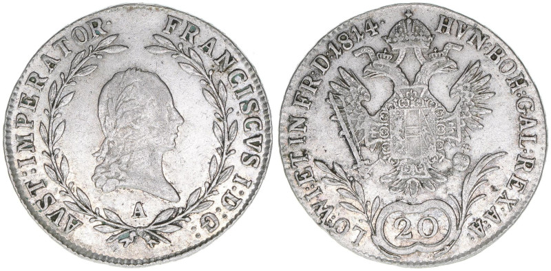 Franz (II.) I.1792-1835
20 Kreuzer, 1814 A. Wien
6,65g
ANK 43
ss