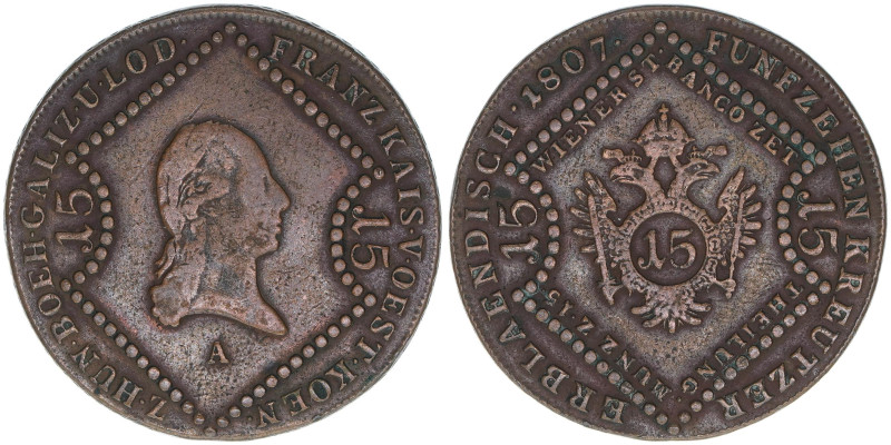 Franz (II.) I.1792-1835
15 Kreuzer, 1807 A. Wien
13,06g
ANK 10
ss+