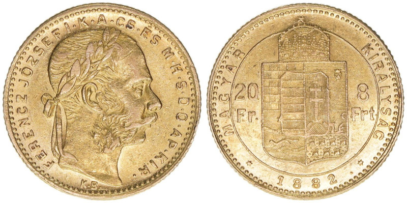 Franz Joseph I. 1848-1916
8 Forint=20 Franken, 1882 KB. Gold
Kremnitz
6,42g
ANK ...