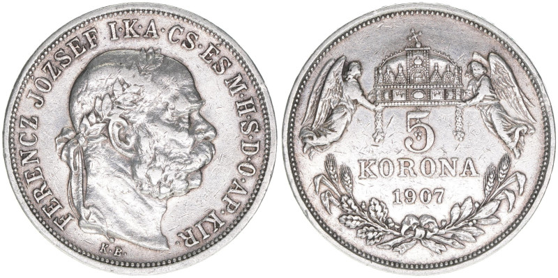 Franz Joseph I. 1848-1916
5 Korona, 1907 KB. Kremnitz
23,84g
ANK 108
ss/vz