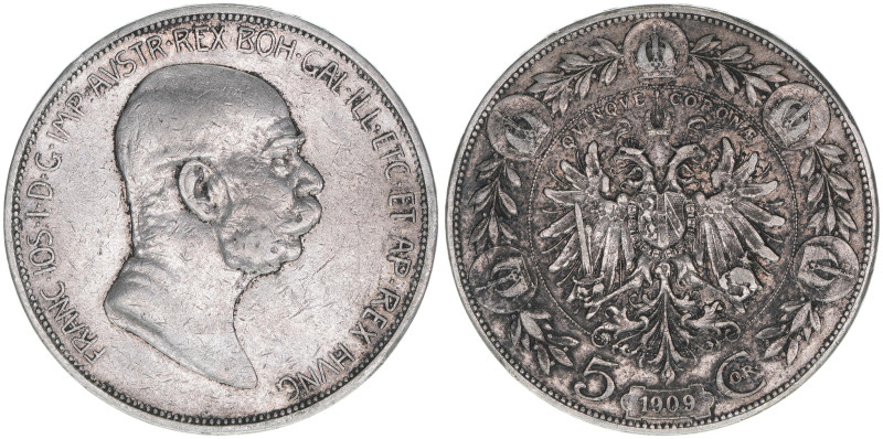 Franz Joseph I. 1848-1916
5 Kronen, 1909. ohne Medaillennamen unter dem Kopfbild...