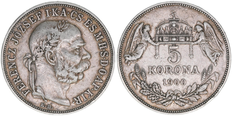 Franz Joseph I. 1848-1916
5 Korona, 1900 KB. Kremnitz
23,81g
ANK 108
ss