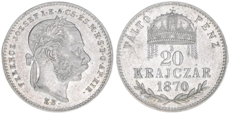 Franz Joseph I. 1848-1916
20 Krajczar, 1870 KB. Kremnitz
2,74g
Fr.1806
vz