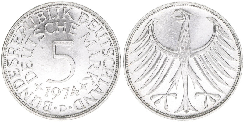 Bundesrepublik
Deutschland. 5 Deutsche Mark, 1974 D. 11,11g
J.387
vz