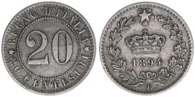 Humbert I. 1878-1900
Italien Königreich. 20 Centesimi, 1894 R. 4,00g
Kahnt/Schön 24
ss