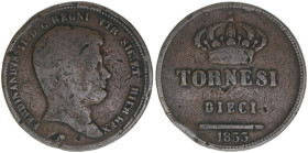Ferdinand II. 1830-1859
Italien - Königreich Neapel und Sizilien. 10 Tornesi, 1833. selten
31,75g
Kahnt/Schön 30
s/ss