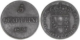 Leopold II. von Habsburg-Lothringen 1824-1859
Italien - Großherzogtum Toskana. 5 Quattrini, 1826. selten - Kupfer
4,09g
Kahnt/Schön 25
ss