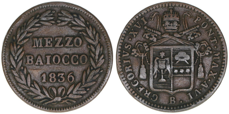 Papst Gregor XVI.
Italien Kirchenstaat. Mezzo Baiocco, 1836. 4,75g
ss+