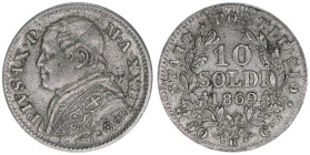 Papst Pius IX.
Italien Kirchenstaat. 10 Soldi, 1869. 2,47g
Pagani 582
ss