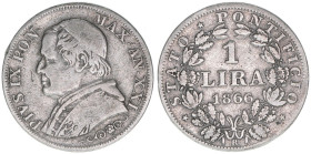 Papst Pius IX.
Italien Kirchenstaat. 1 Lira, 1866. 4,88g
Kahnt/Schön 86
ss-