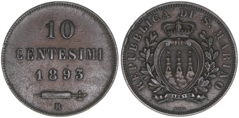 Republik
San Marino. 10 Centesimi, 1893 R. 9,91g
Schön 2
ss