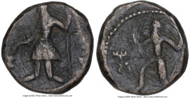 INDIA. Kushan Empire. Kanishka I (ca. AD 127-151). AE tetradrachm (24mm, 11h). NGC VF. Attic standard, Kapisha, main mint (probably Begram), middle ph...