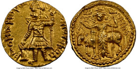 INDIA. Kushan Empire. Vasudeva I (ca. AD 192-225). AV dinar (21mm, 7.95 gm, 12h). NGC Choice AU 4/5 - 4/5, edge scuff. Kushan standard, Bactria, main ...