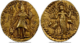 INDIA. Kushan Empire. Kanishka II (ca. AD 230-247). AV dinar (22mm, 7.93 gm, 12h). NGC Choice XF 4/5 – 3/5, scuff. Kushan standard, Gandhara, main min...