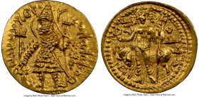 INDIA. Kushan Empire. Kanishka II (ca. AD 230-247). AV dinar (24mm, 8.02 gm, 11h). NGC Choice AU 5/5 – 5/5. Bactria, late series. KANHÞAO KOÞANO ÞAONA...