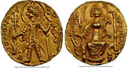 INDIA. Kushan Empire. Vasudeva II (ca. AD 267-300). AV dinar (21mm, 7.84 gm, 11h). NGC AU 5/5 – 4/5, scuff. Kushan standard, Mathura/Gandhara, main mi...