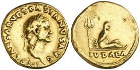 (69-70 d.C.). Vespasiano. Áureo. (Spink 2252 var) (Co. falta) (RIC. 13) (Calicó 644a). 7,34 g. Golpes. Muy rara. (MBC+).