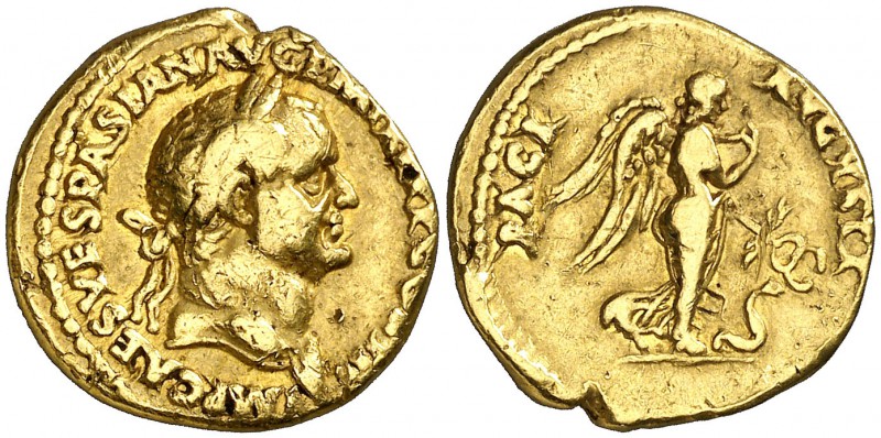 (71 d.C.). Vespasiano. Áureo. (Spink falta) (Co. 283) (RIC. 1130) (Calicó 655). ...
