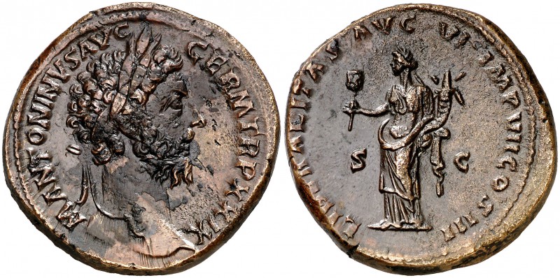 (175 d.C.). Marco Aurelio. Sestercio. (S. 5039) (Co. 420) (RIC. 1149). 28,46 g. ...