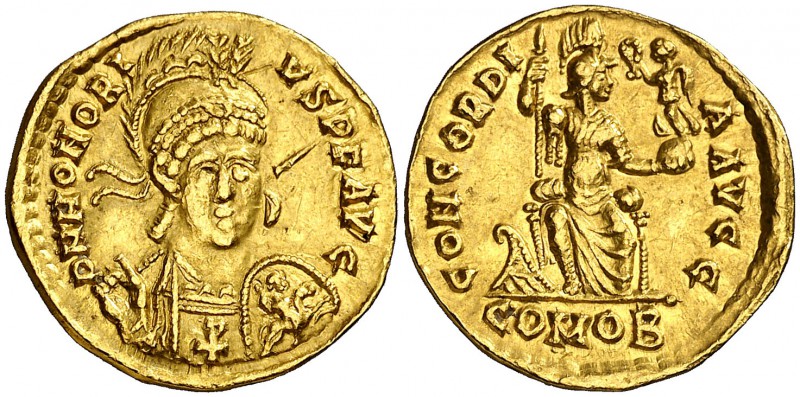 (395-402 d.C.). Honorio. Tesalónica. Sólido. (Spink 20900) (Co. 3 var) (RIC. 38)...