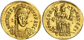 (402-450 d.C.). Teodosio II. Constantinopla. Sólido. (Spink 21127) (Ratto 148) (RIC. 202). 4,16 g. Canto parcialmente limado. MBC+.