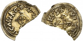 Égica y Wittiza (694-702). Gerunda (Girona). Triente. (CNV. 589 var) (R.Pliego 719.b.1, mismo ejemplar). 0,93 g. Cospel faltado. Muy rara. (EBC-).