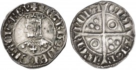 Pere III (1336-1387). Barcelona. Croat. (Cru.V.S. 408.7) (Badia 321) (Cru.C.G. 2223e). 3,19 g. Flores de cinco pétalos y cruz en el vestido. T latinas...