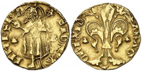 Joan I (1387-1396). Mallorca. Florí. (Cru.V.S. 469) (Cru.C.G. 2281). 3,39 g. Marcas: veneras en anverso y reverso. Bonito color. MBC/MBC+.