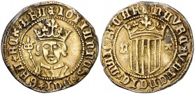 Joan II (1458-1479). València. Ducat Johaní. (Cru.V.S. 964.3) (Cru.C.G. 3002a). 3,41 g. Incrustaciones. Preciosa pátina. Ex Áureo 21/05/1997, nº 192. ...