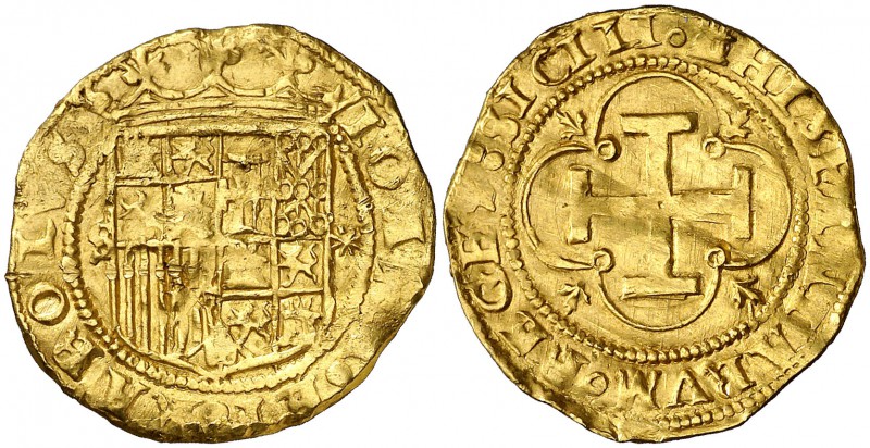 s/d. Juana y Carlos. Sevilla. 1 escudo. (Cal. 57). 3,32 g. Golpecitos. Escasa. M...
