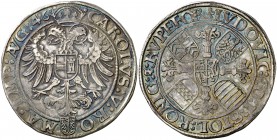 1546. Carlos I. Luis II de Königstein. Nördlingen. 1 taler. (Kr. 11) (Dav. 9866). 28,67 g. A nombre de Carlos V. Muy rara. MBC+.