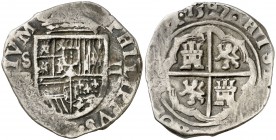 1597. Felipe II. Sevilla. B. 2 reales. (Cal. 551). 6,80 g. Tipo "OMNIVM". Fecha en reverso. Rara. MBC.