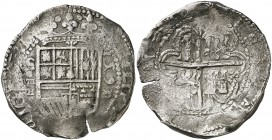1591/0. Felipe II. Sevilla. H. 8 reales. (Cal. 245). 27,30 g. Ex Colección Isabel de Trastámara, 26/05/2016, nº 542. Rara. MBC-.