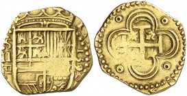 1590. Felipe II Sevilla. . 2 escudos. (Cal. 67) (Tauler 38). 6,74 g. Roeles en los ángulos de reverso. Ex Colección Isabel de Trastámara, 26/05/2016, ...