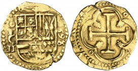 1596. Felipe II. Toledo. C. 2 escudos. (Cal. 95) (Tauler 66, mismo ejemplar de la edición digital). 6,73 g. El 6 de la fecha con doble acuñación que p...
