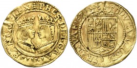 s/d. Felipe II. Hasselt. 1 ducado. (Vti. 1475) (Vanhoudt 420.HS) (Van Gelder & Hoc 262). 3,40 g. Acuñada por los insurgentes (1580-1583). Bonito color...