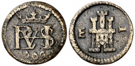 1606. Felipe III. Segovia. 1 maravedí. (Cal. 861) (J.S. D-276). 0,92 g. Acueducto vertical de dos arcos a derecha. Rara. MBC-.