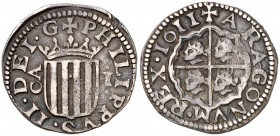 1611. Felipe III. Zaragoza. 1 real. (Cal. 524). 3,42 g. Pátina oscura. Escasa. MBC.