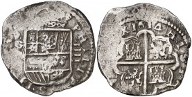 1614. Felipe III. Granada. (M). 4 reales. (Cal. 211). 13,72 g. Fecha perfecta. Muy rara. MBC-/MBC.