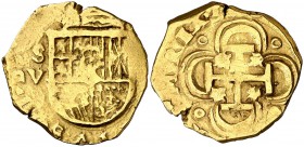 (1611 a 1615). Felipe III. Sevilla. V. 2 escudos. (Cal. tipo 21). 6,70 g. Escasa. MBC-.