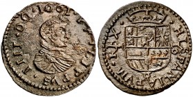 1661. Felipe IV. Trujillo. M. 16 maravedís. (Cal. falta) (J.S. M-685). 3,14 g. La leyenda del anverso comienza a la 1h del reloj. Sin orla interior en...