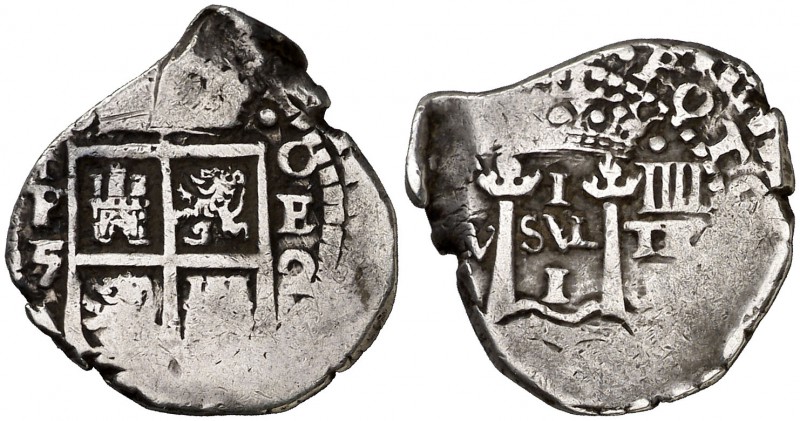 1652. Felipe IV. Potosí. E. 1 real. (Cal. 1049 var). 3,60 g. (P) IIII en reverso...