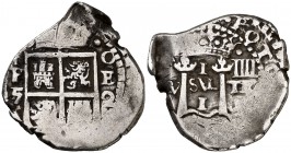 1652. Felipe IV. Potosí. E. 1 real. (Cal. 1049 var). 3,60 g. (P) IIII en reverso. Cuño de transición. Rarísima. MBC-.
