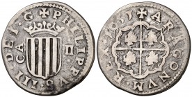 1651. Felipe IV. Zaragoza. 2 reales. (Cal. 964). 6,40 g. Acuñación redonda. Rara. MBC-.