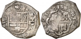 1651. Felipe IV. (Madrid). A. 8 reales. (Cal. 292). 26,90 g. Las A de HISPANIARVM son V invertidas. La leyenda del reverso comienza a las 11h del relo...