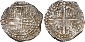 16¿26?. Felipe IV. Potosí. P. 8 reales. (Cal. tipo 465?). 26,66 g. Rara. MBC-.