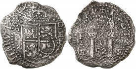 1652. Felipe IV. Potosí. E. 8 reales. (Cal. (404) sólo la cataloga como "tipo Real") (Paoletti 258) (Mc Lean A-V). 17,45 g. Doble fecha, una parcial y...
