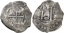 1663. Felipe IV. Potosí. E. 8 reales. (Cal. 452) (Paoletti 291 var). 24,41 g. Triple fecha, la del anverso de dos dígitos y triple ensayador. Rara. MB...